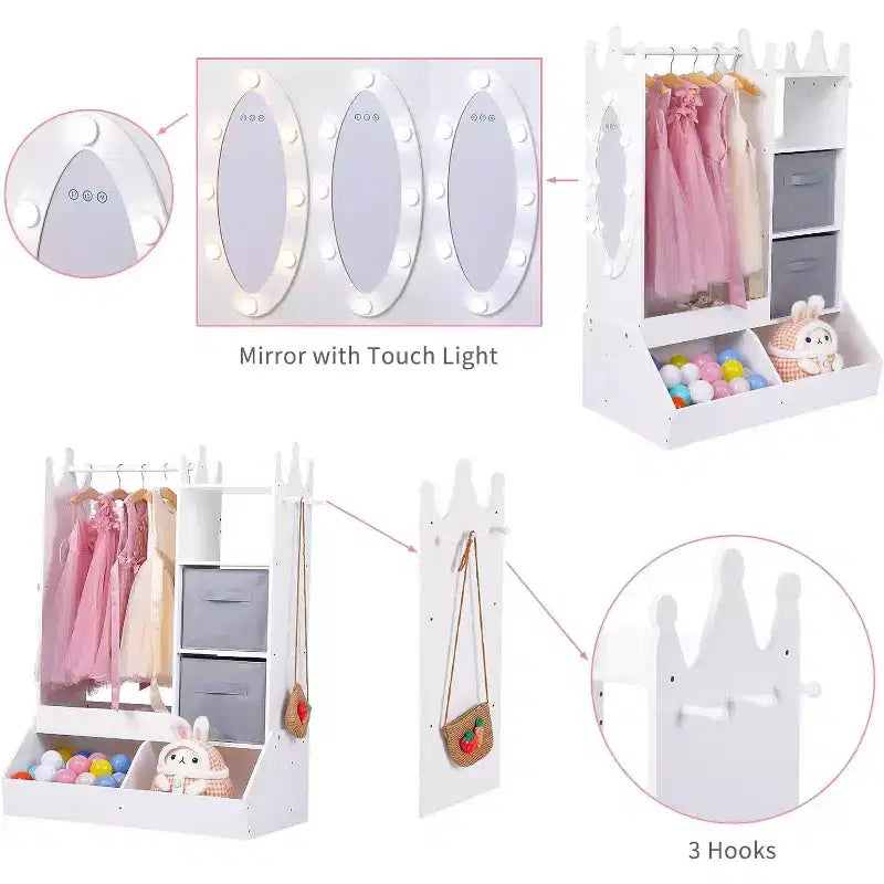 Armoire de rangement déguisements pour filles COZONY avec miroir éclairé, organisateur de jouets