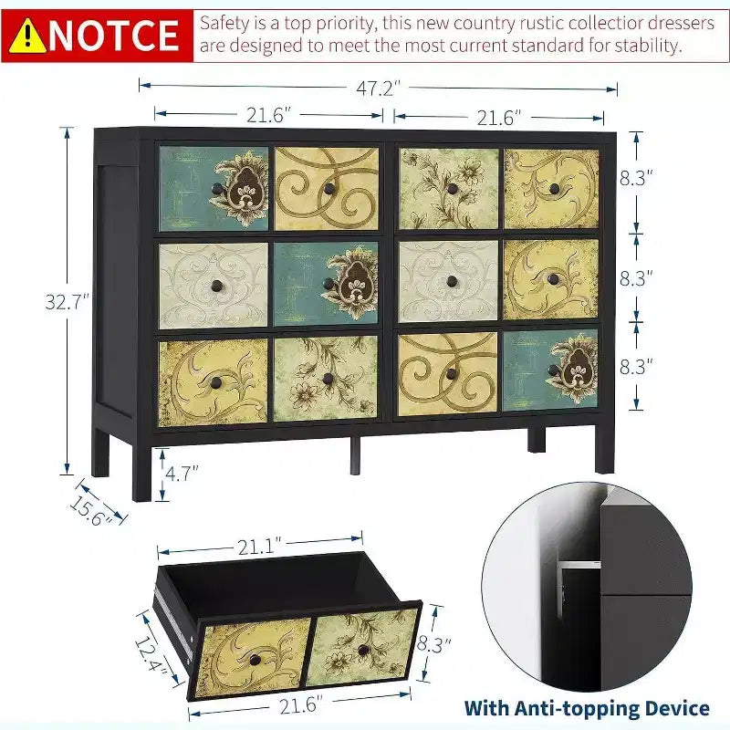 Commode à 6 tiroirs pour chambre à coucher, commode rustique en bois de style ferme avec poignées en métal, tiroir avec motif floral rétro, pour salon, noir
