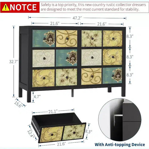 Commode à 6 tiroirs pour chambre à coucher, commode rustique en bois de style ferme avec poignées en métal, tiroir avec motif floral rétro, pour salon, noir