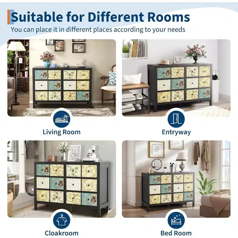 Commode à 6 tiroirs pour chambre à coucher, commode rustique en bois de style ferme avec poignées en métal, tiroir avec motif floral rétro, pour salon, noir