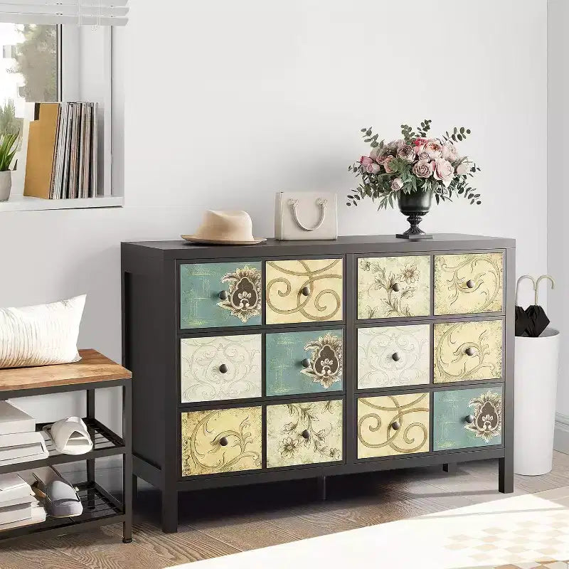 Commode à 6 tiroirs pour chambre à coucher, commode rustique en bois de style ferme avec poignées en métal, tiroir avec motif floral rétro, pour salon, noir