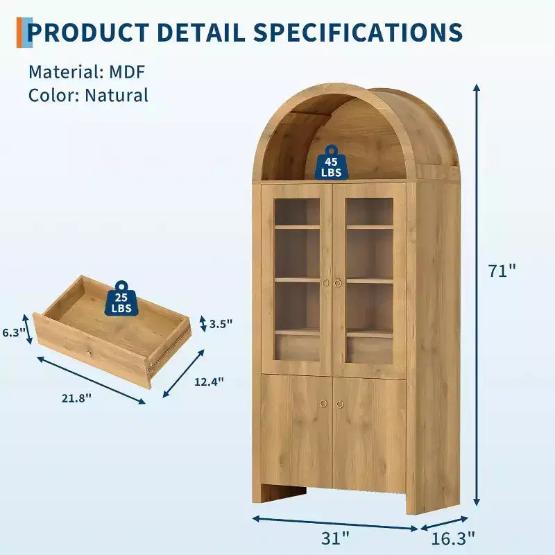 Armoire de cellier arquée de 180 cm de haut, armoires de rangement de cuisine de style ferme avec tiroir caché et étagères réglables, chêne naturel