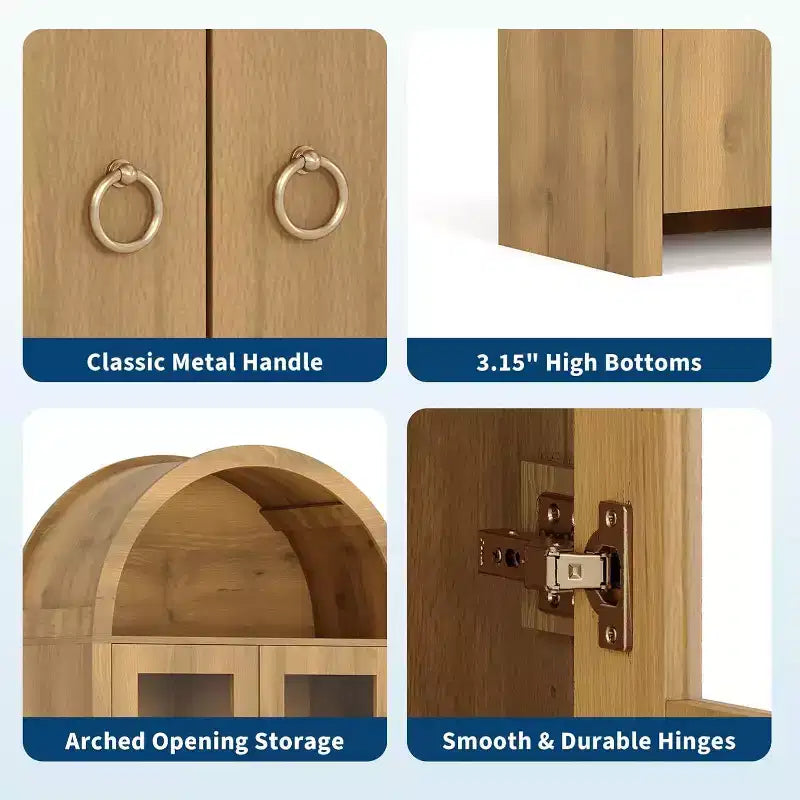 Armoire de cellier arquée de 180 cm de haut, armoires de rangement de cuisine de style ferme avec tiroir caché et étagères réglables, chêne naturel