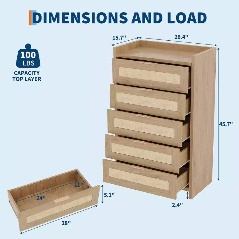 Commode Bohème en Rotin 5 Tiroirs, Meuble de Rangement Tissé de 117 cm de Haut, Table de Chevet Armoire de Rangement pour Vêtements