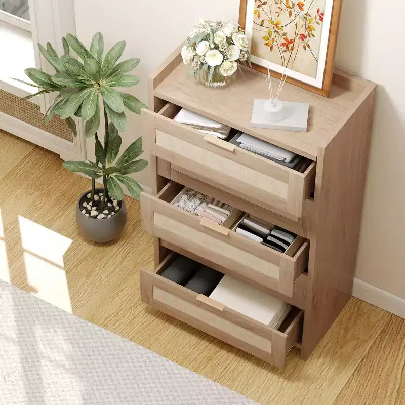 Commode Bohème en Rotin 5 Tiroirs, Meuble de Rangement Tissé de 117 cm de Haut, Table de Chevet Armoire de Rangement pour Vêtements