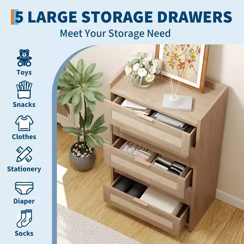 Commode Bohème en Rotin 5 Tiroirs, Meuble de Rangement Tissé de 117 cm de Haut, Table de Chevet Armoire de Rangement pour Vêtements