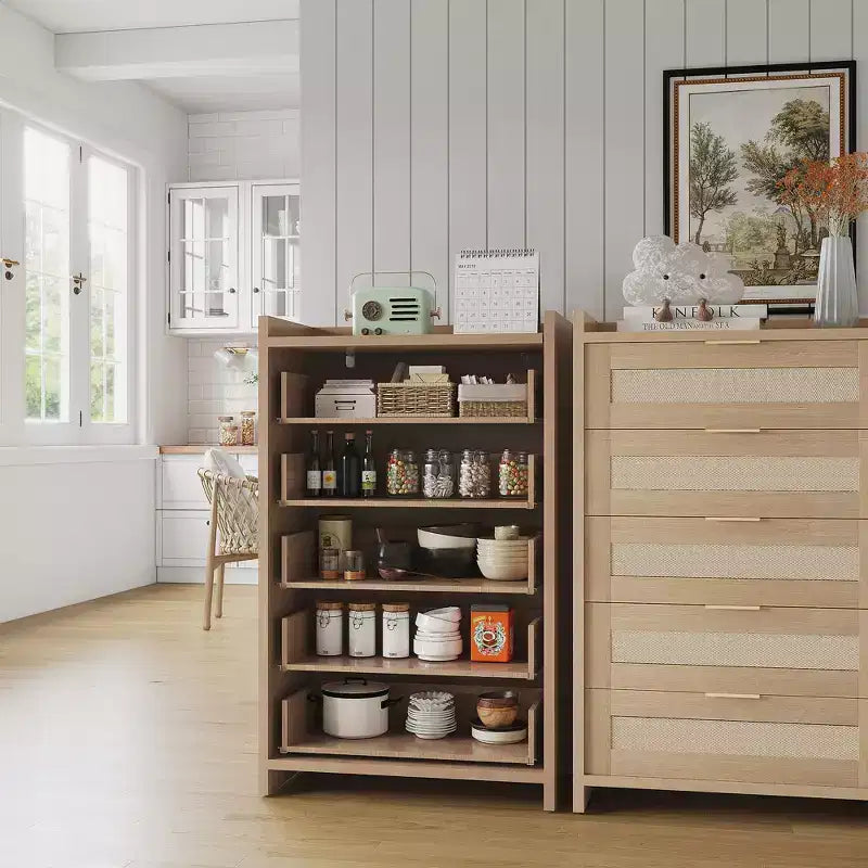 Commode Bohème en Rotin 5 Tiroirs, Meuble de Rangement Tissé de 117 cm de Haut, Table de Chevet Armoire de Rangement pour Vêtements