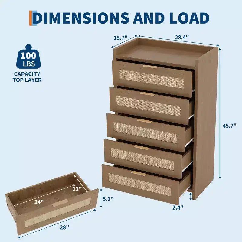 Commode Bohème en Rotin 5 Tiroirs, Meuble de Rangement Tissé de 117 cm de Haut, Table de Chevet Armoire de Rangement pour Vêtements