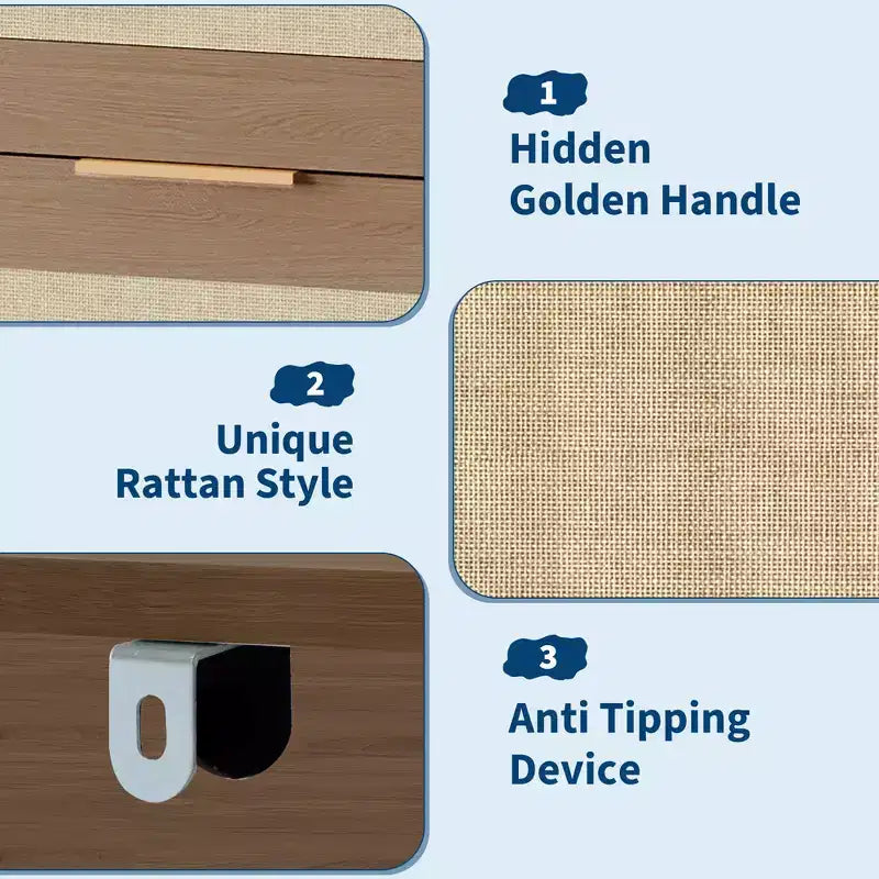 Commode Bohème en Rotin 5 Tiroirs, Meuble de Rangement Tissé de 117 cm de Haut, Table de Chevet Armoire de Rangement pour Vêtements