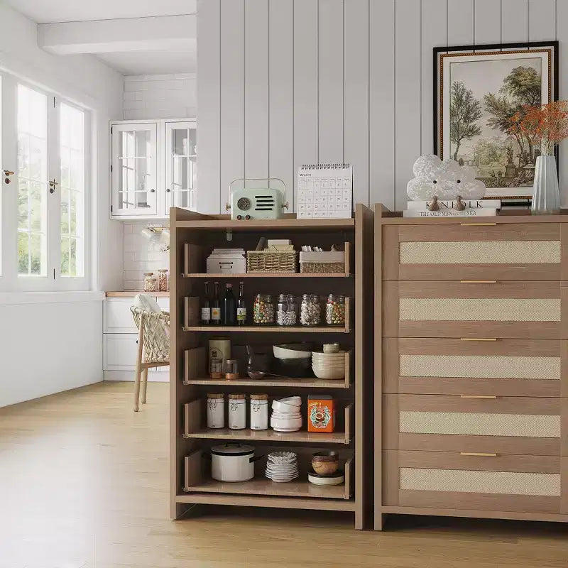 Commode Bohème en Rotin 5 Tiroirs, Meuble de Rangement Tissé de 117 cm de Haut, Table de Chevet Armoire de Rangement pour Vêtements