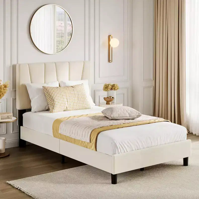 Cadre de lit double rembourré avec tête de lit réglable – Cadre de lit plateforme capitonné en velours, sommier tapissier non requis, beige