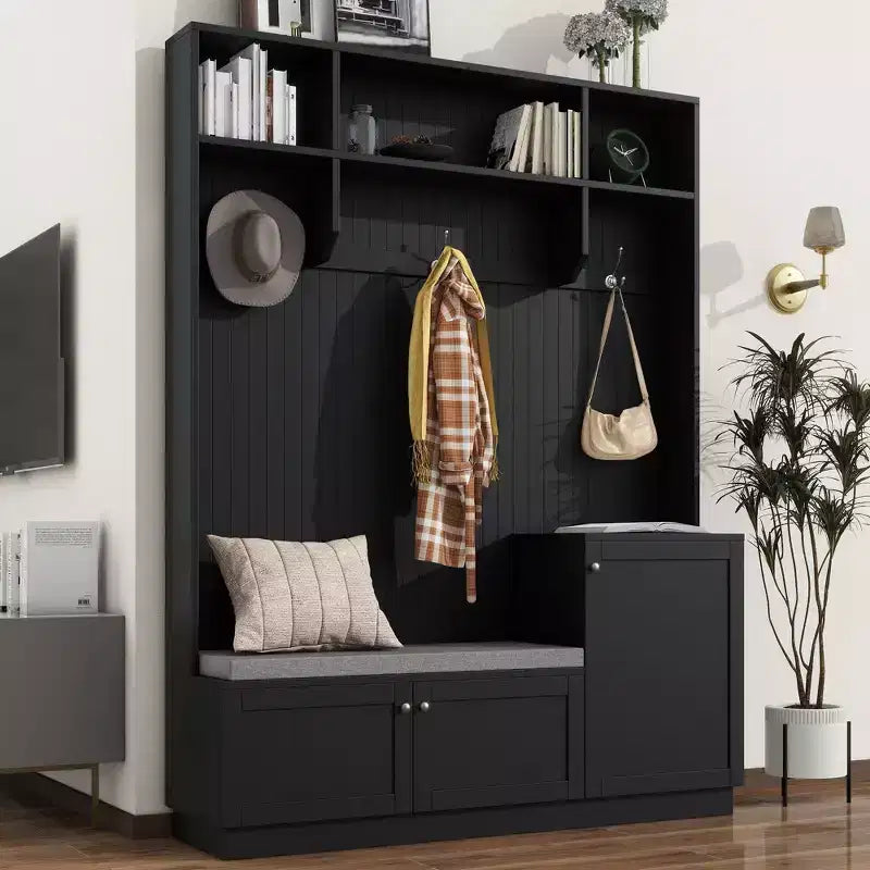 CLIHOME Portemanteau d'entrée élégant avec crochets, meuble à chaussures fonctionnel avec banc et coussin