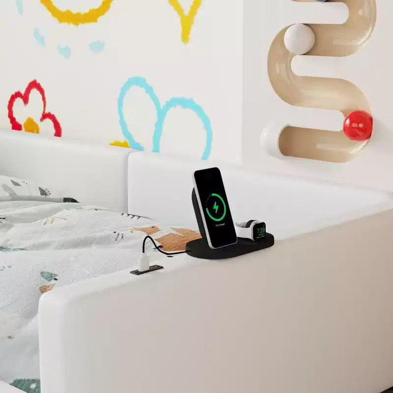 Lit plateforme capitonné Whisen une place avec garde-corps et station de recharge