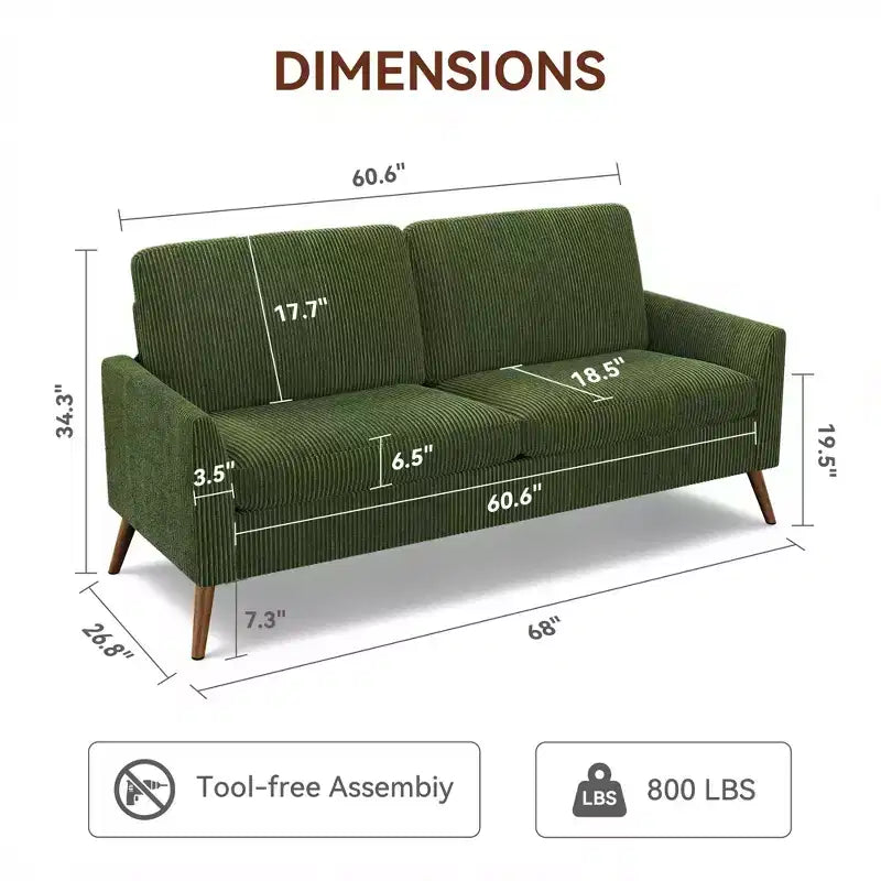Canapé Dyonery, coussin en mousse à mémoire de forme, montage sans outils, design moderne du milieu du siècle pour petits espaces