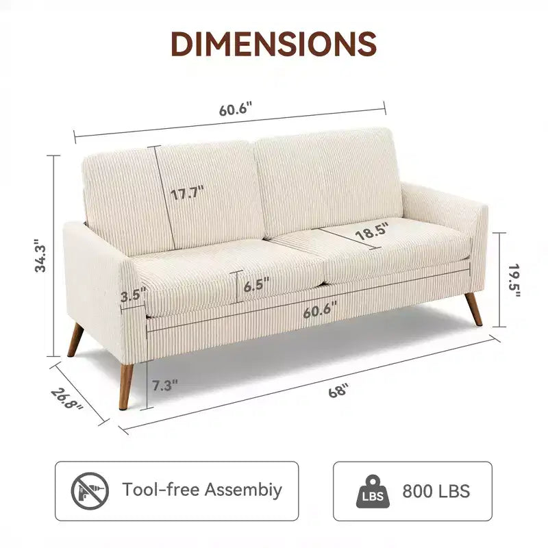 Canapé Dyonery, coussin en mousse à mémoire de forme, montage sans outils, design moderne du milieu du siècle pour petits espaces