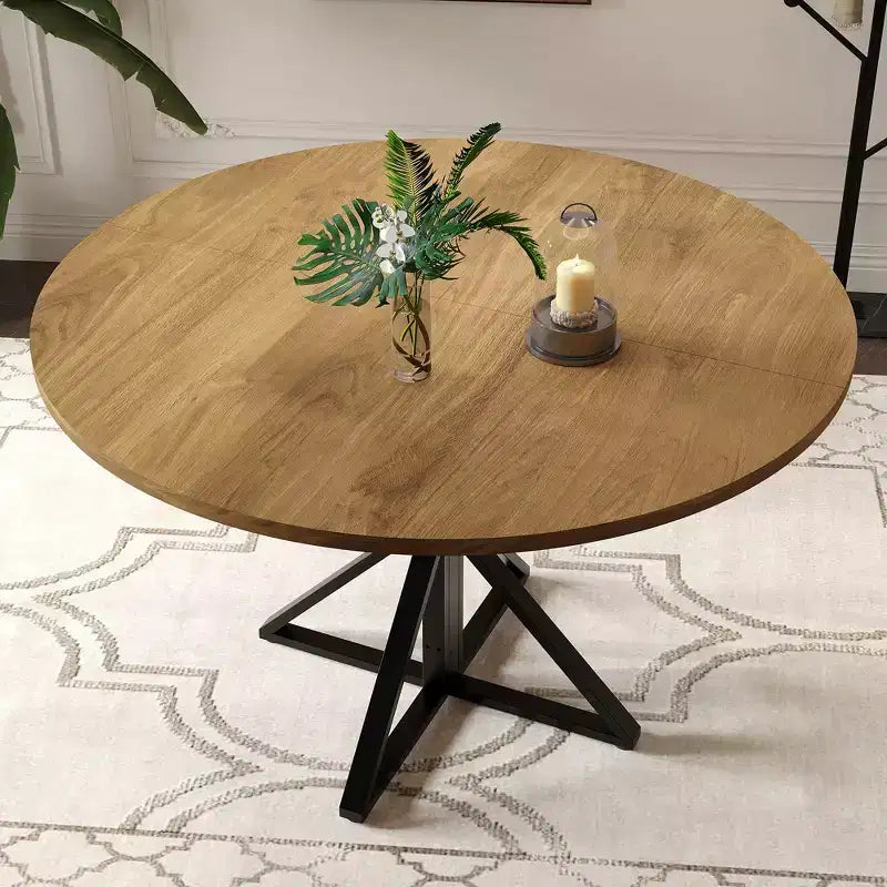Table basse ronde en bois de 120 cm avec piédestal en métal et plateau en 4 parties, peu encombrante pour la cuisine ou la maison
