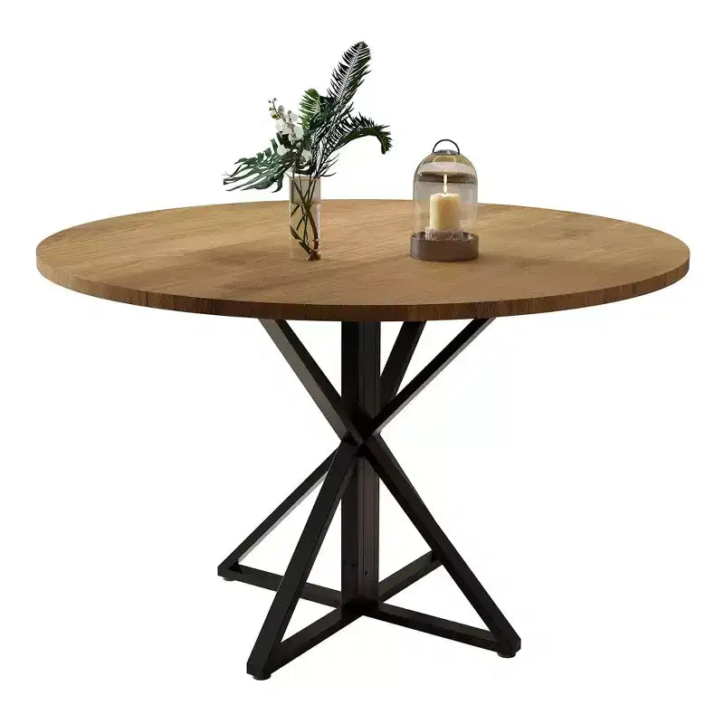 Table basse ronde en bois de 120 cm avec piédestal en métal et plateau en 4 parties, peu encombrante pour la cuisine ou la maison