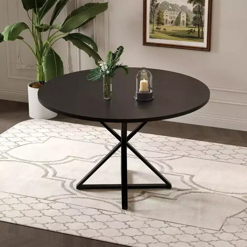 Table basse ronde en bois de 120 cm avec piédestal en métal et plateau en 4 parties, peu encombrante pour la cuisine ou la maison