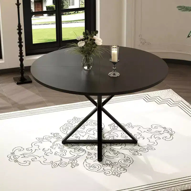 Table basse ronde en bois de 120 cm avec piédestal en métal et plateau en 4 parties, peu encombrante pour la cuisine ou la maison