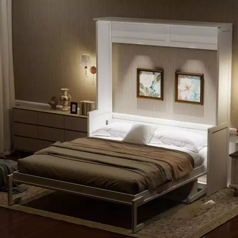Lit escamotable Whisen Queen Murphy avec bureau, lumières LED et station de recharge USB