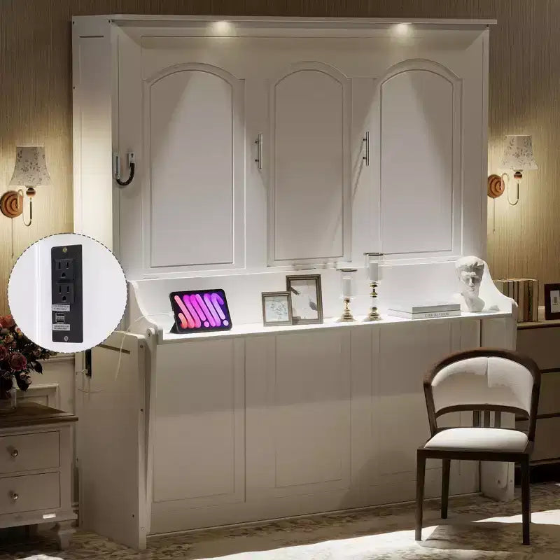 Lit escamotable Whisen Queen Murphy avec bureau, lumières LED et station de recharge USB