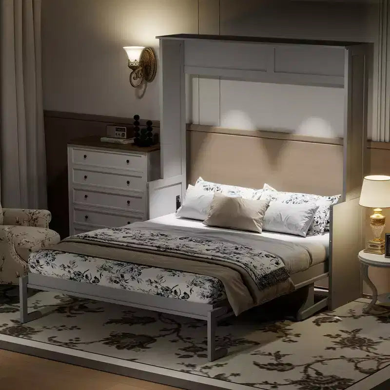 Lit escamotable Whisen Queen Murphy avec bureau, lumières LED et station de recharge USB