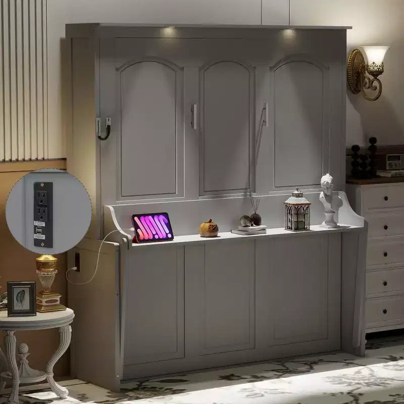 Lit escamotable Whisen Queen Murphy avec bureau, lumières LED et station de recharge USB