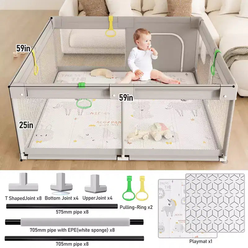 Parc pour bébé Fodoss avec tapis 150x150 cm, centre d'activités intérieur et extérieur pour bébés et tout-petits, barrière de sécurité pour bébé