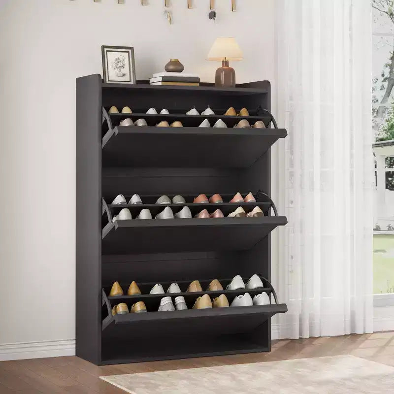 Shoe Cabinet, 3 Flip Drawers - Modern Entryway Shoe Storage Organizer, Narrow Wooden Rack with Adjustable Shelves, Space-Saving, Black