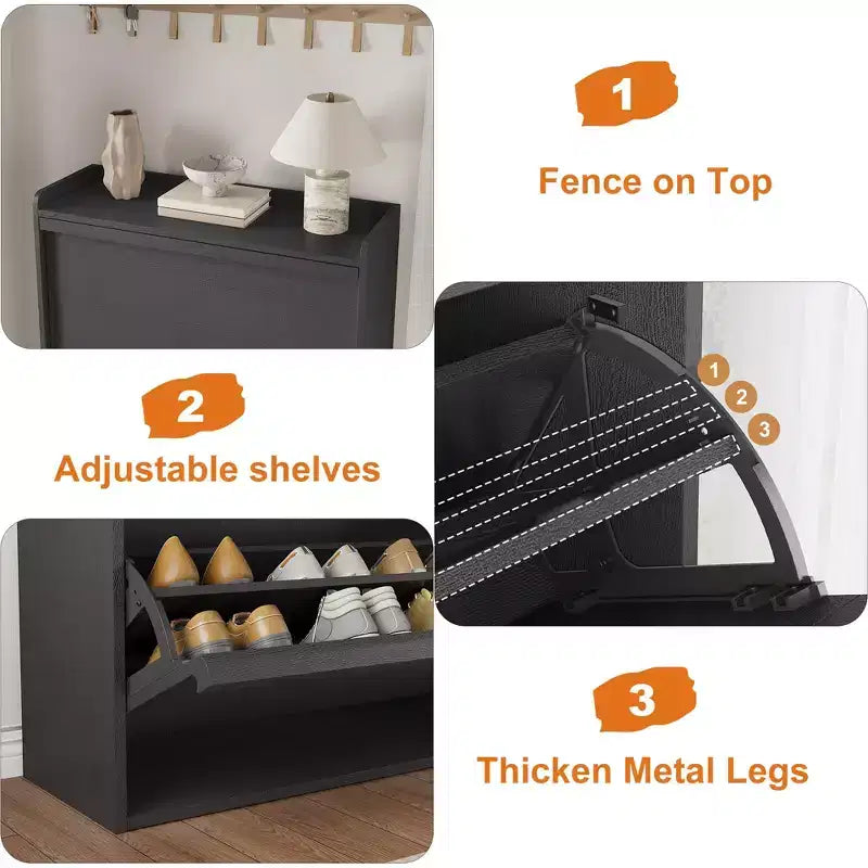 Meuble à chaussures, 3 tiroirs basculants – Organisateur de rangement de chaussures moderne pour entrée, étagère étroite en bois avec étagères réglables, peu encombrant, noir