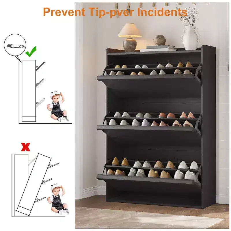 Meuble à chaussures, 3 tiroirs basculants – Organisateur de rangement de chaussures moderne pour entrée, étagère étroite en bois avec étagères réglables, peu encombrant, noir