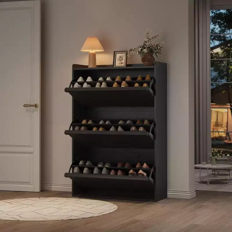 Meuble à chaussures, 3 tiroirs basculants – Organisateur de rangement de chaussures moderne pour entrée, étagère étroite en bois avec étagères réglables, peu encombrant, noir