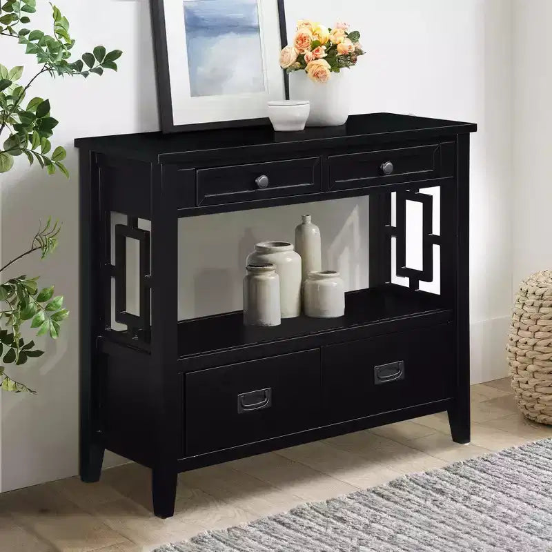 Console de rangement vintage Overton en bois massif avec 4 tiroirs et étagère ouverte GDFStudio