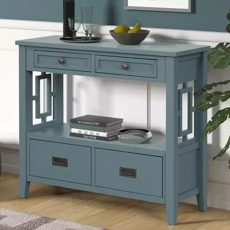 Console de rangement vintage Overton en bois massif avec 4 tiroirs et étagère ouverte GDFStudio