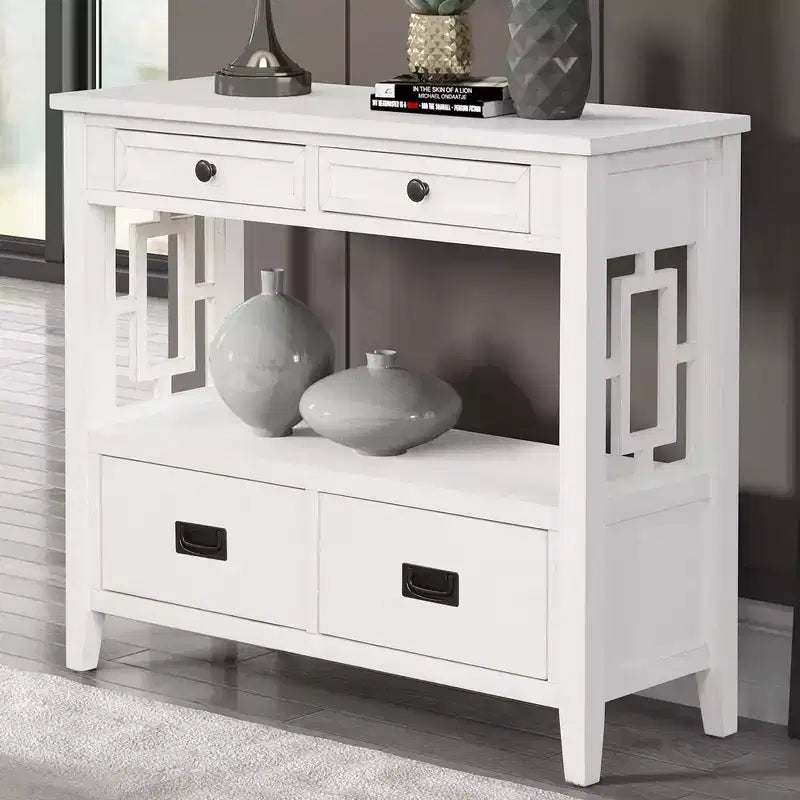 Console de rangement vintage Overton en bois massif avec 4 tiroirs et étagère ouverte GDFStudio
