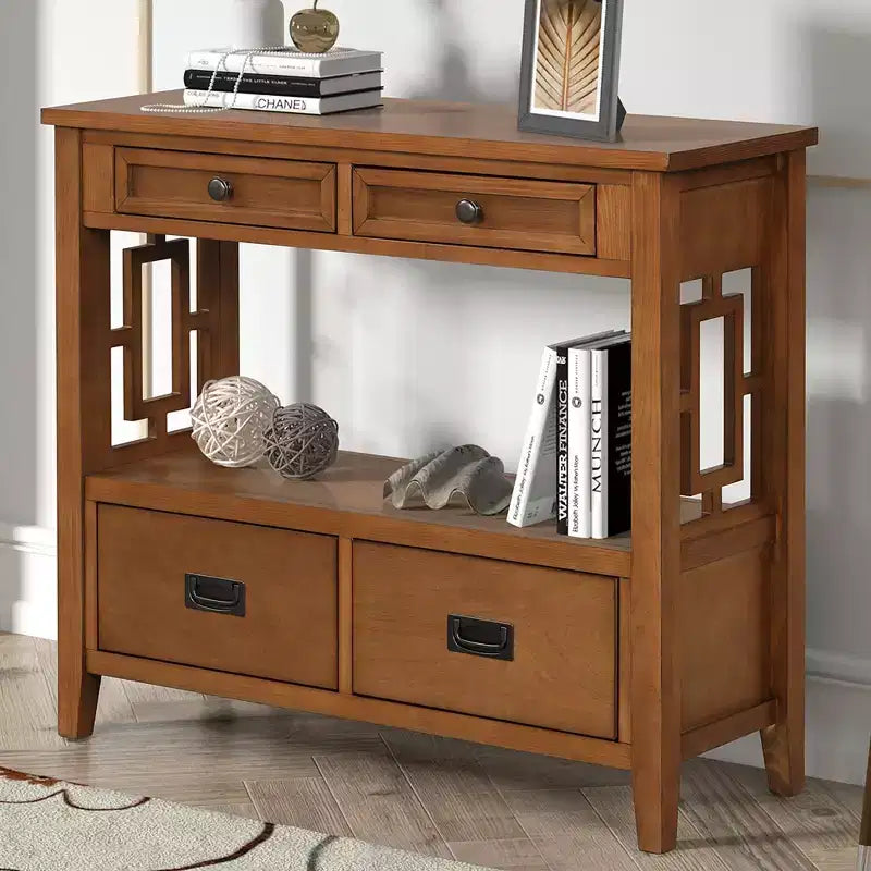 Console de rangement vintage Overton en bois massif avec 4 tiroirs et étagère ouverte GDFStudio