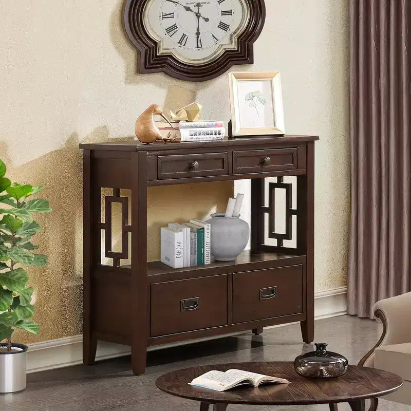 Console de rangement vintage Overton en bois massif avec 4 tiroirs et étagère ouverte GDFStudio
