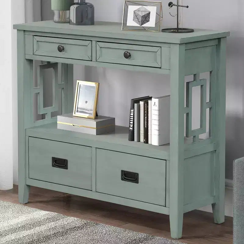 Console de rangement vintage Overton en bois massif avec 4 tiroirs et étagère ouverte GDFStudio