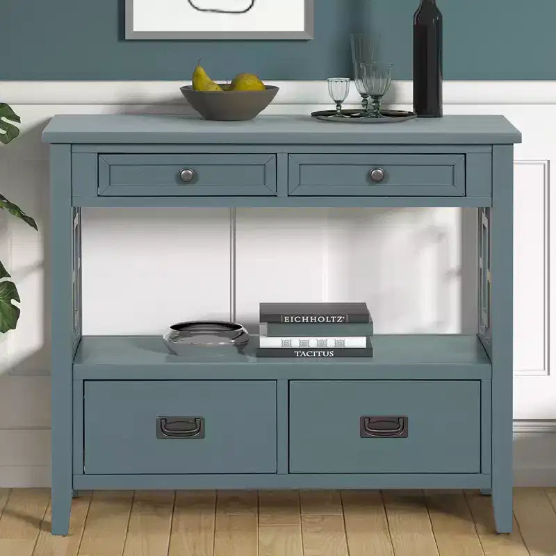 Console de rangement vintage Overton en bois massif avec 4 tiroirs et étagère ouverte GDFStudio