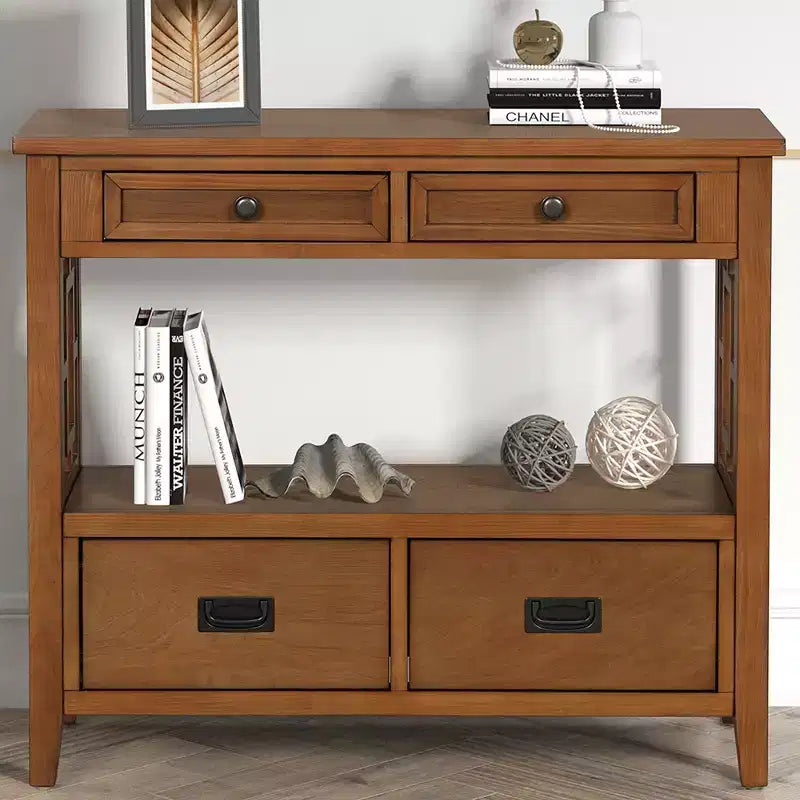Console de rangement vintage Overton en bois massif avec 4 tiroirs et étagère ouverte GDFStudio