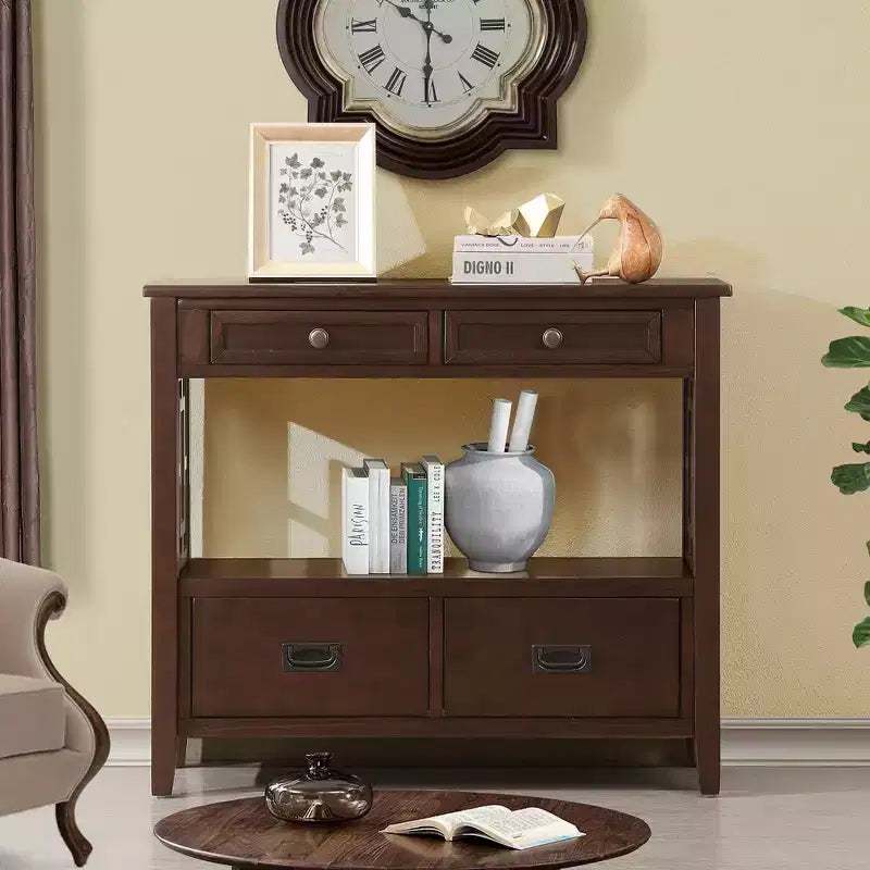 Console de rangement vintage Overton en bois massif avec 4 tiroirs et étagère ouverte GDFStudio