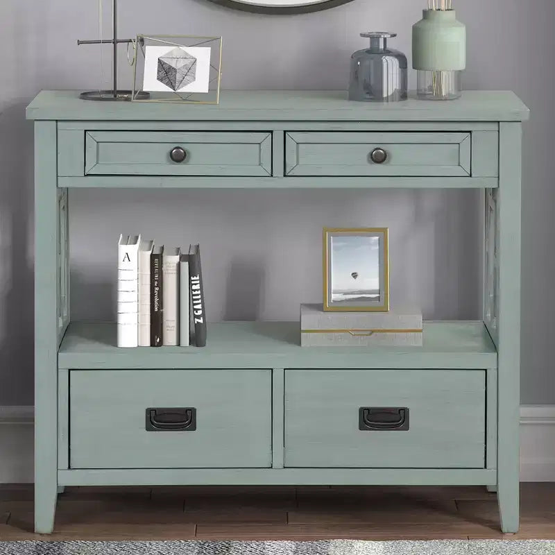 Console de rangement vintage Overton en bois massif avec 4 tiroirs et étagère ouverte GDFStudio