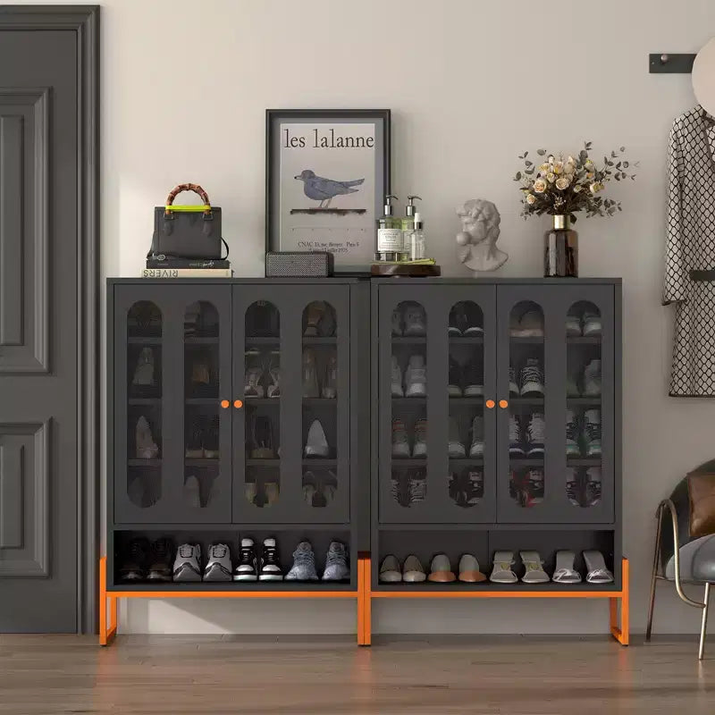 Okak Meuble à chaussures, Armoire à chaussures avec 2 portes grillagées double face et cloisons mobiles à double couche, Meuble pour salon, couloir