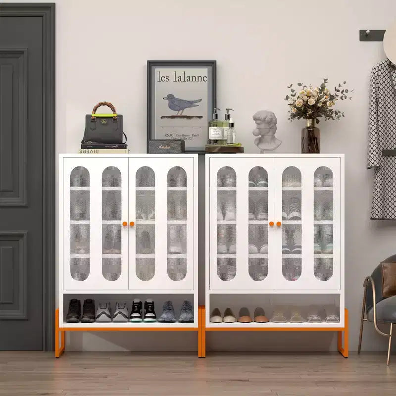 Okak Meuble à chaussures, Armoire à chaussures avec 2 portes grillagées double face et cloisons mobiles à double couche, Meuble pour salon, couloir