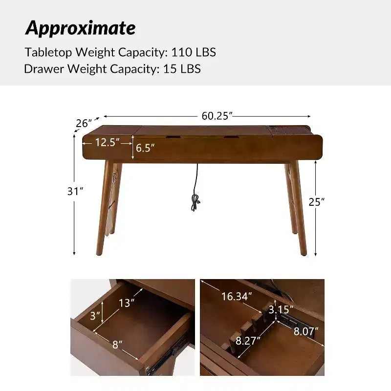 Vince Bureau Moderne du Milieu du Siècle 60 avec Plateau Réglable en Hauteur|HULALA HOME-ACORN