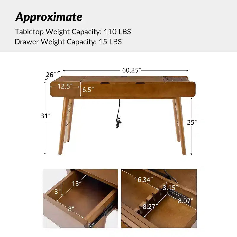 Vince Bureau Moderne du Milieu du Siècle 60 avec Plateau Réglable en Hauteur|HULALA HOME-ACORN