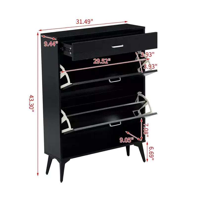Meuble à chaussures Okak, meuble de rangement avec 3 tiroirs à poignée métallique et 1 étagère ouverte, meuble pour entrée