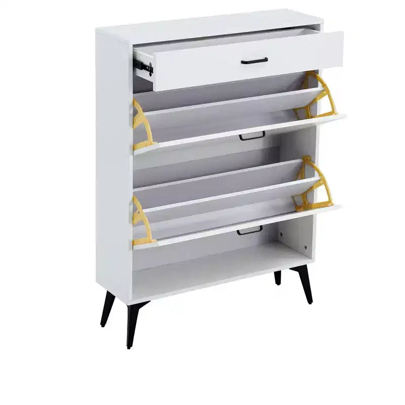 Meuble à chaussures Okak, meuble de rangement avec 3 tiroirs à poignée métallique et 1 étagère ouverte, meuble pour entrée