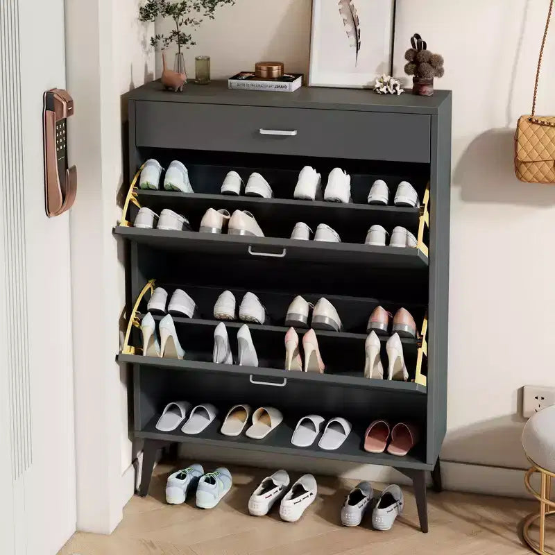Meuble à chaussures Okak, meuble de rangement avec 3 tiroirs à poignée métallique et 1 étagère ouverte, meuble pour entrée