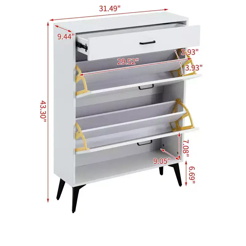 Meuble à chaussures Okak, meuble de rangement avec 3 tiroirs à poignée métallique et 1 étagère ouverte, meuble pour entrée
